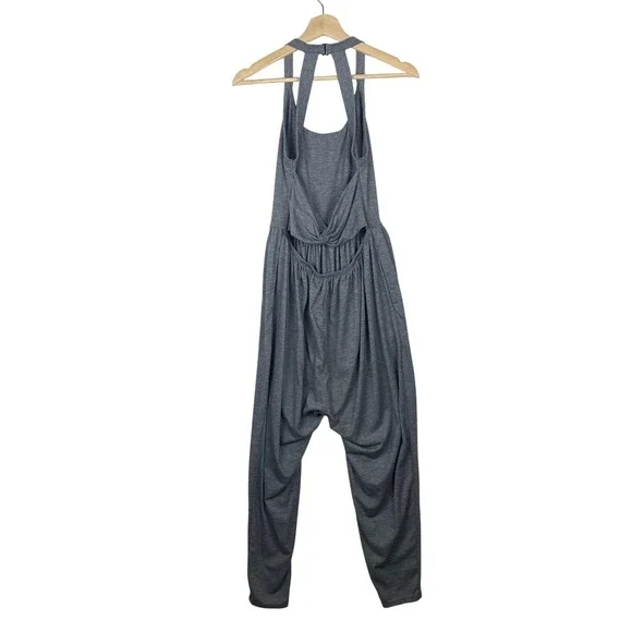 Halara U Neck Pocket Harem Gray Heathered Twist Back Halter Jumpsuit Size Medium - Picture 5 of 9